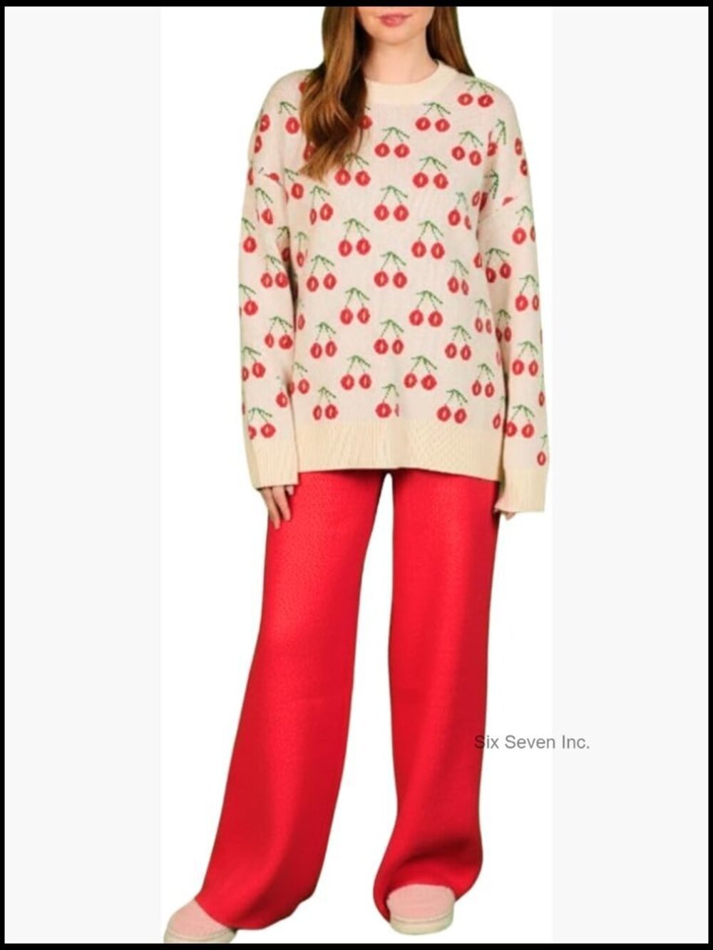 Cherry Motif Knit Sweater & High-Rise Pants Lounge Set for Women
